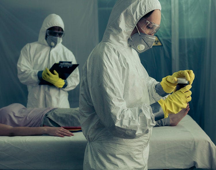 Two people in hazmat suits and respirators handle samples near a person lying on a gurney.